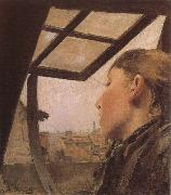 Laurits Andersen Ring Girl looking out of a Skylight oil painting reproduction